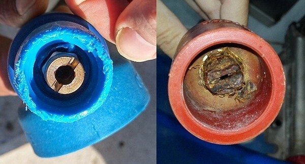 boquilla taladrada manualmente y boquilla totalmente deteriorada