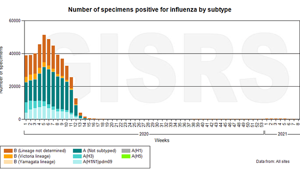 Figura 1. Circulación global de los virus de la gripe. Origen: Influenza Laboratory Surveillance Information. Global Influenza Surveillance and Response System (GISRS). 